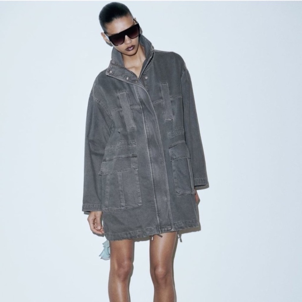 Zara Denim Parka Utility Coat Jacket Gray XS Pockets